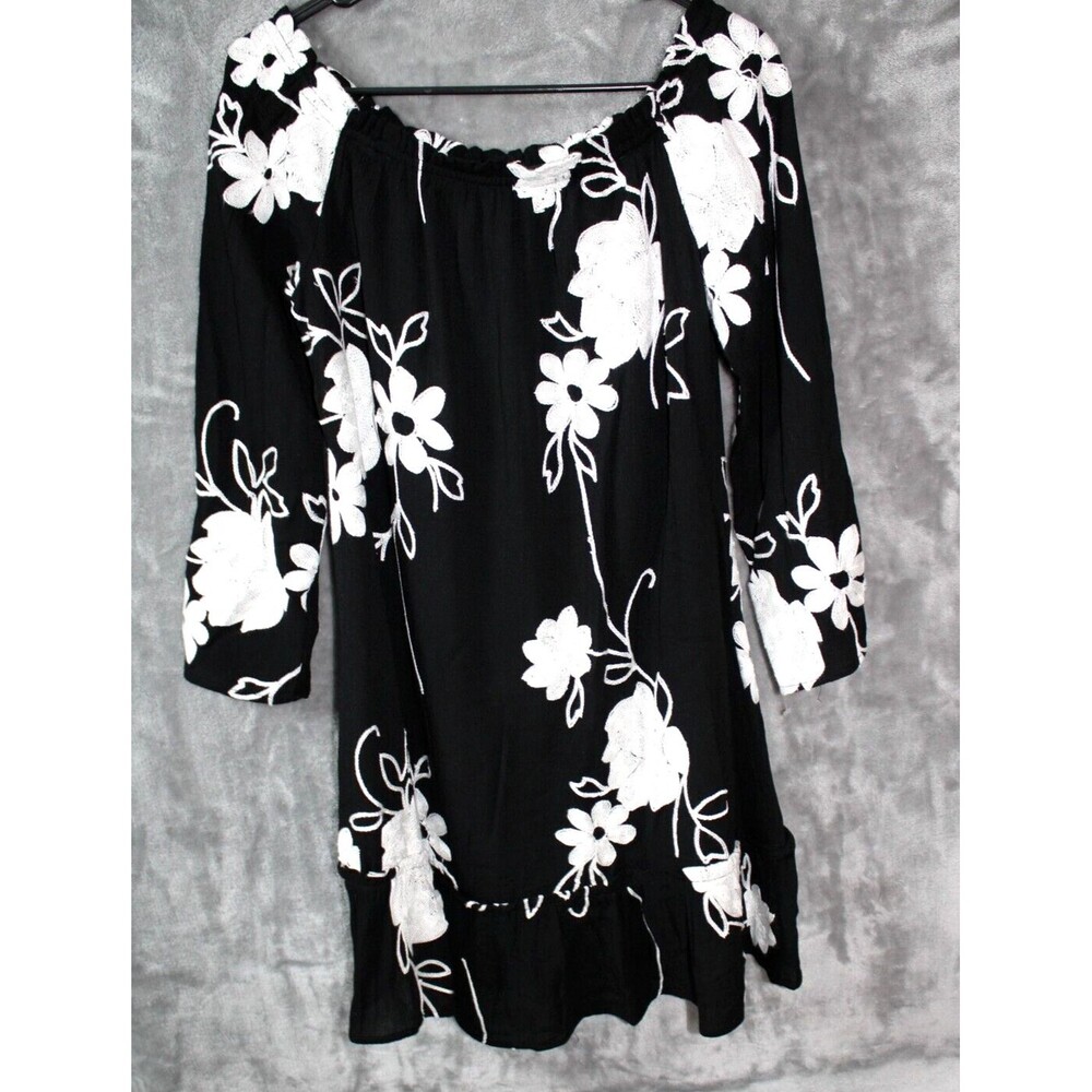INC International Concepts White & Black Embroidered Long Sleeve Dress Size S